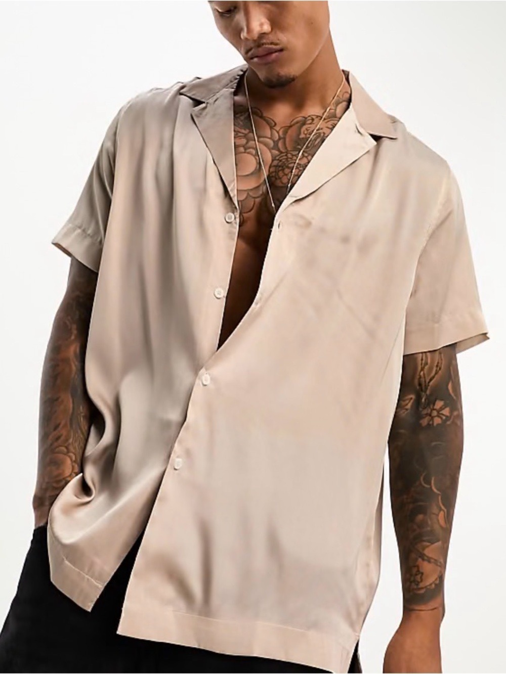 ASOS DESIGN Relaxed Deep Revere Satin Shirt in Mushroom Grey MENS SZ SMALL